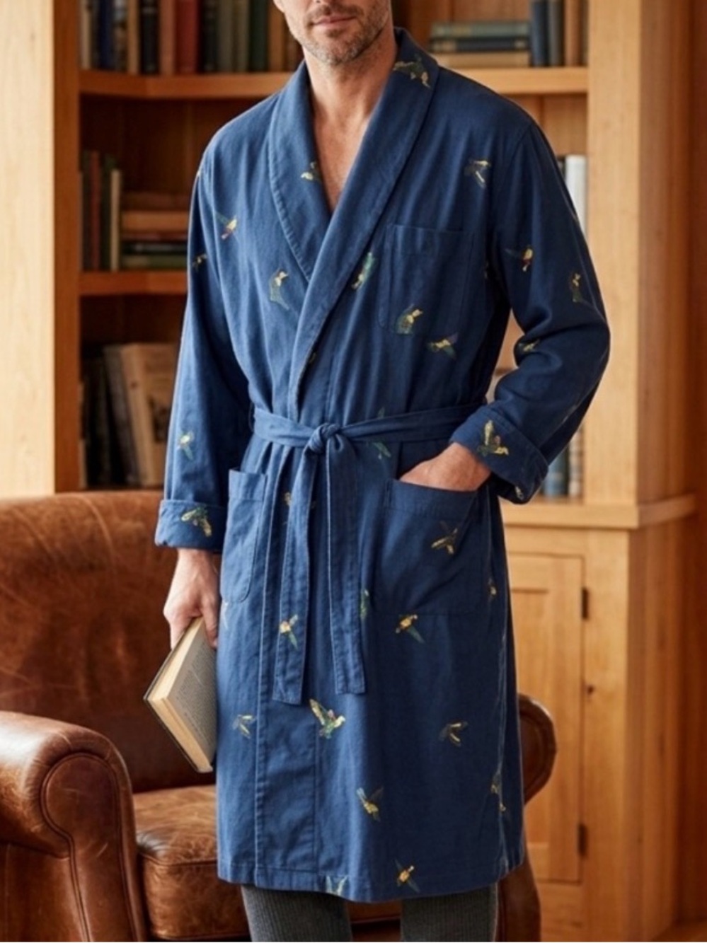 VTG 90s Cotton Nautica Navy Blue Robe Mallard Duck Bird Medium Eclectic Grandpa